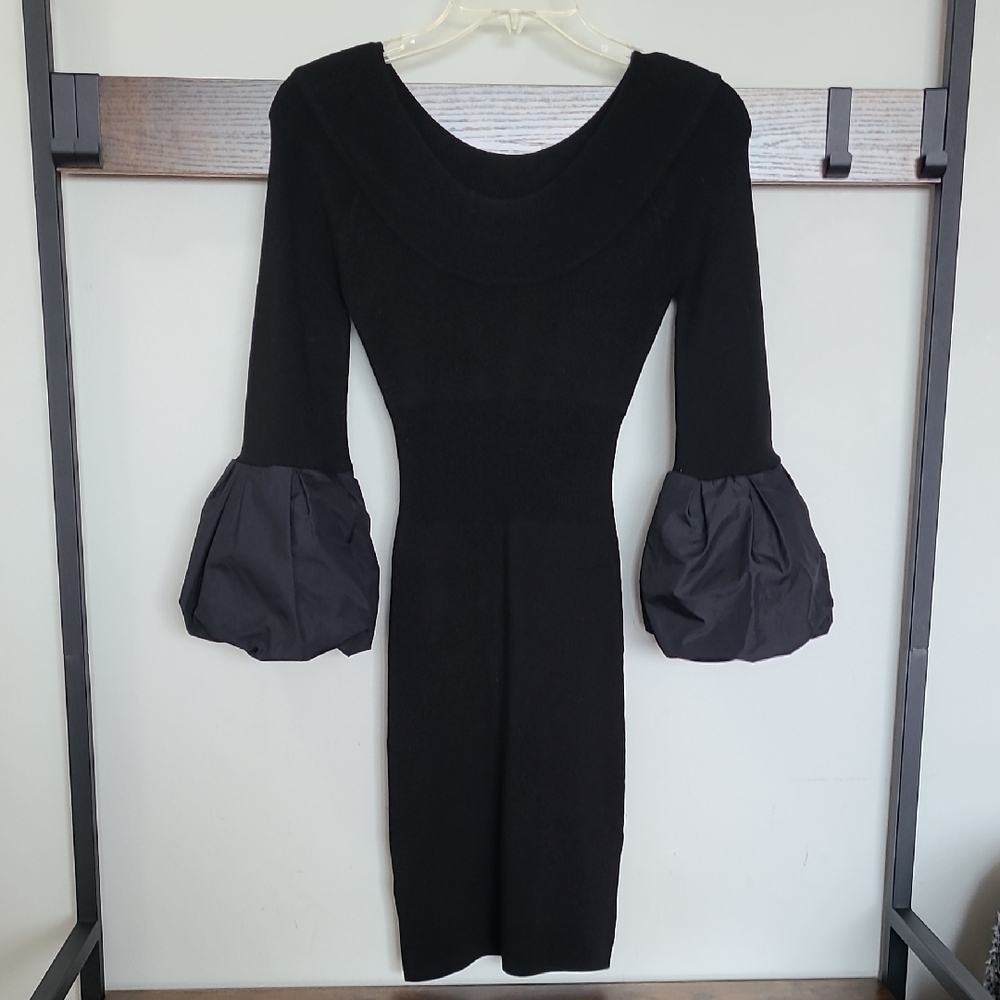 BCBG Black Sheath Dress with Bishop Sleeves Scoop Neck